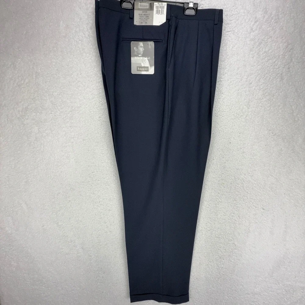 Haggar Black Label Ashford Navy Pleated Cuffed‎ Dress Pants 42x32 Wool Blend NEW